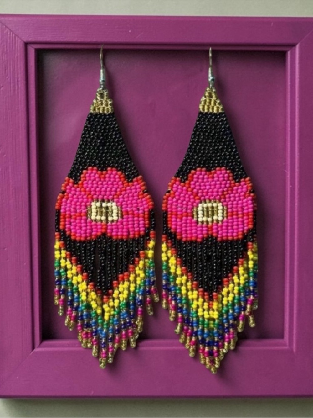 Boho beaded multicoloured flower pattern tassel earrings. New.